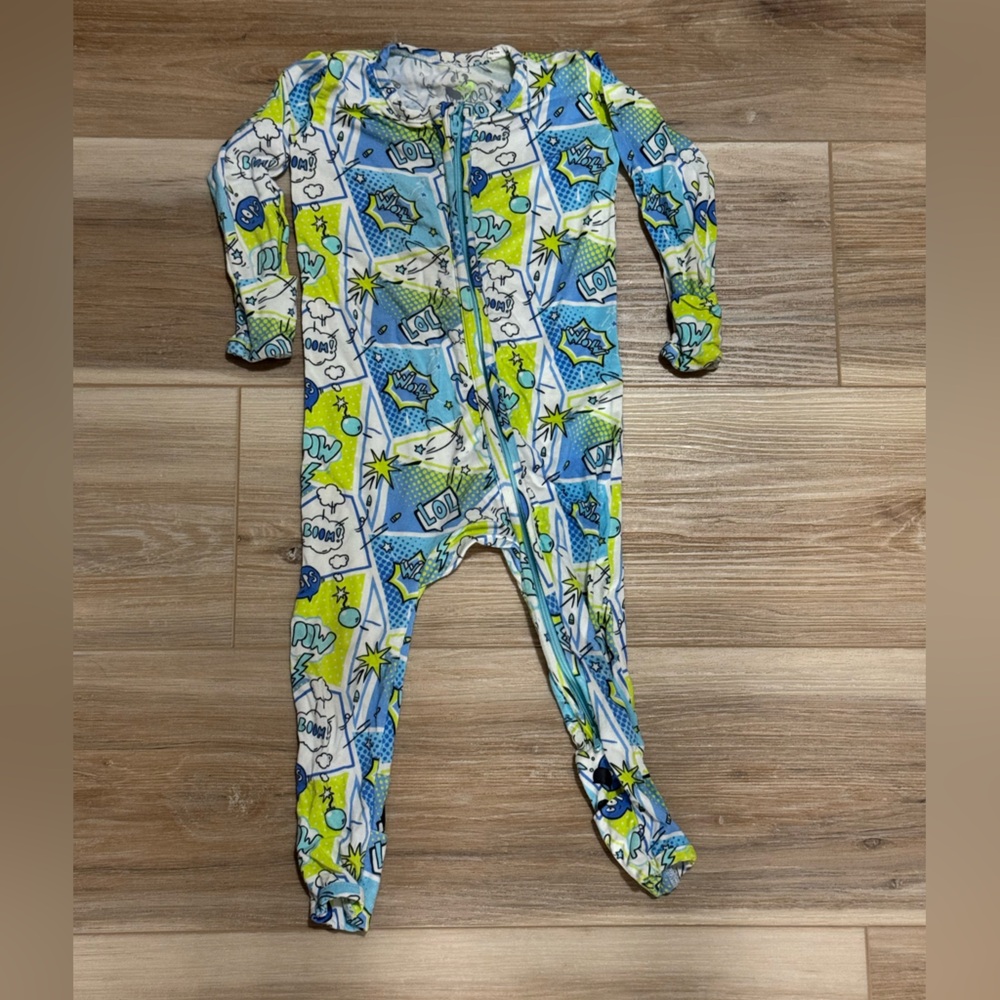 Bellabu Bear Kids' Comic Blue Fitted Convertible Footie Pajamas